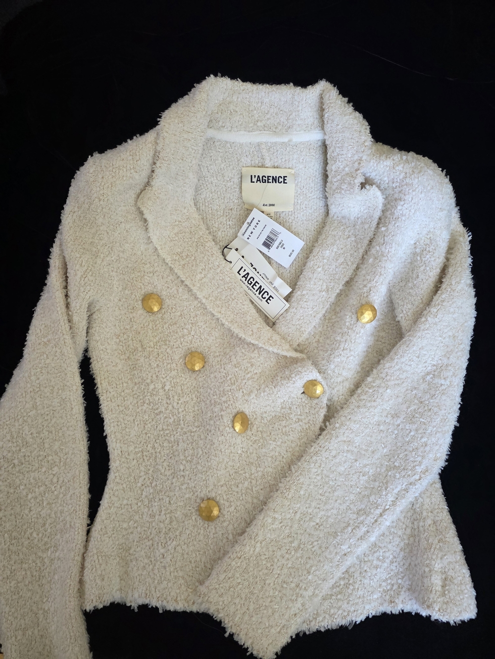 L'AGENCE Cream Bouclé Double-Breasted Blazer with Gold Buttons Sz M